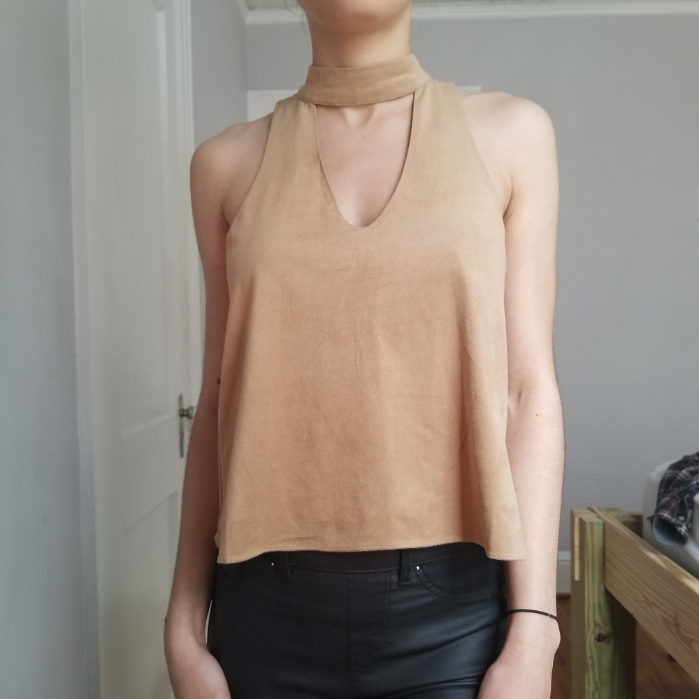 Faux Suede Cropped Halter Top Olivaceous